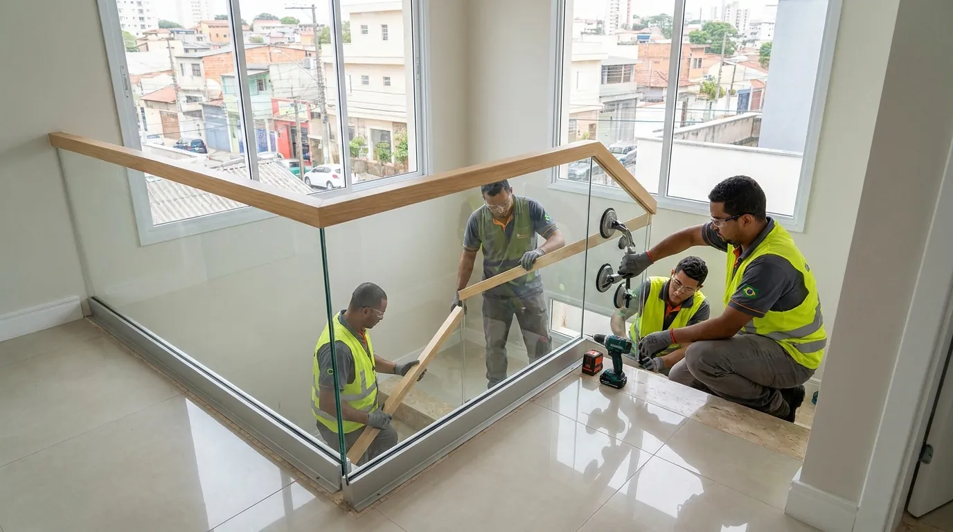 Guarda-corpo de vidro sendo instalado em Cuiabá